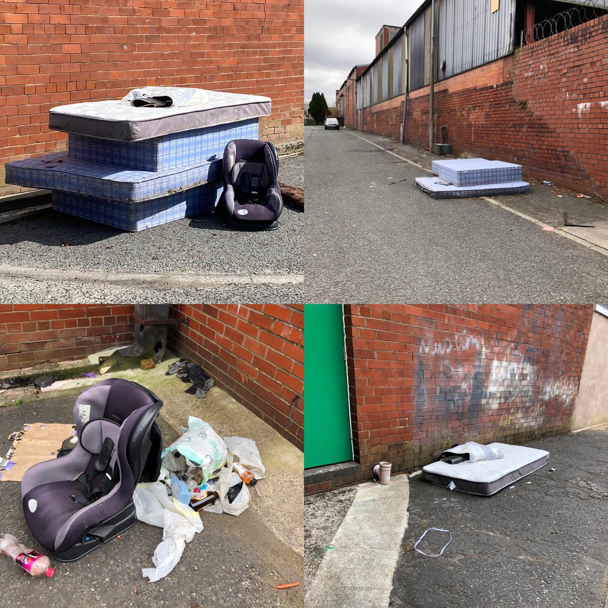 Dozens of laughing gas canisters, old bags of clothes, drinks bottles/cans, takeaway boxes, mattresses and even a car seat were some of the items found dumped on the streets during our community clean up today. @Sally__booth @BlackburnTidy #litterpicking #communitycleanup