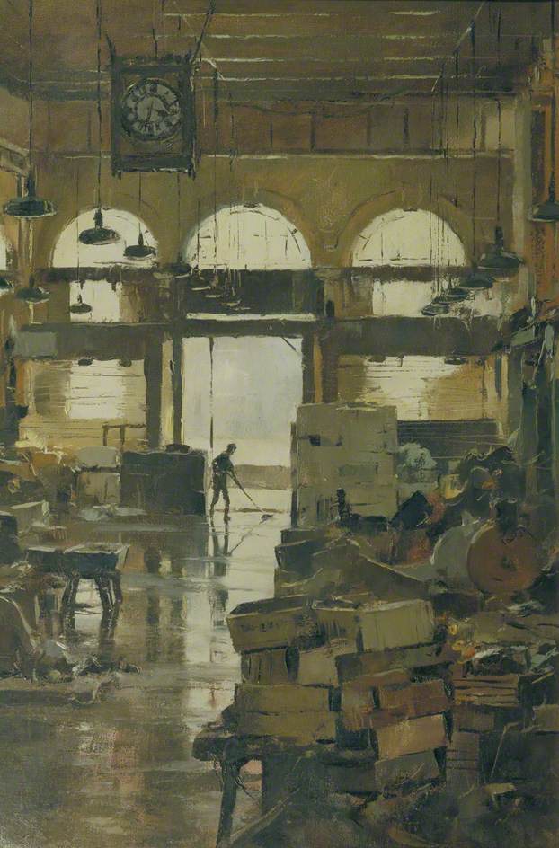 Swilling Down, Billingsgate, London by Trevor Chamberlain 1971 
Oil on Canvas 
(<a href="/GuildhallArt/">Guildhall Art Gallery</a>)