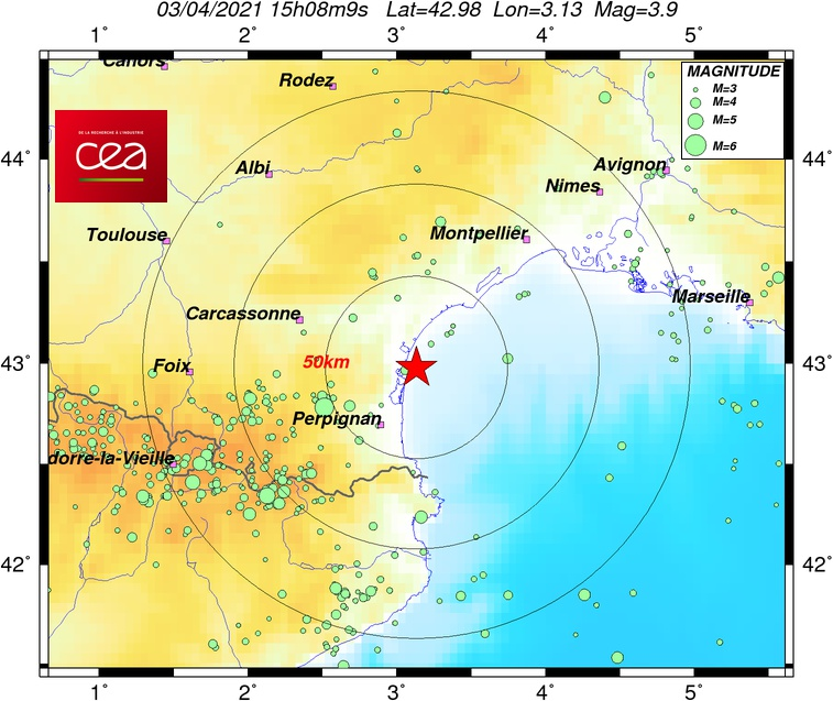 4 séismes magnitude 3.5 et + en France et zones limitrophes en moins de 24h... Le dernier proche de Narbonne il y a à peine une heure.
www-dase.cea.fr/evenement/dern…