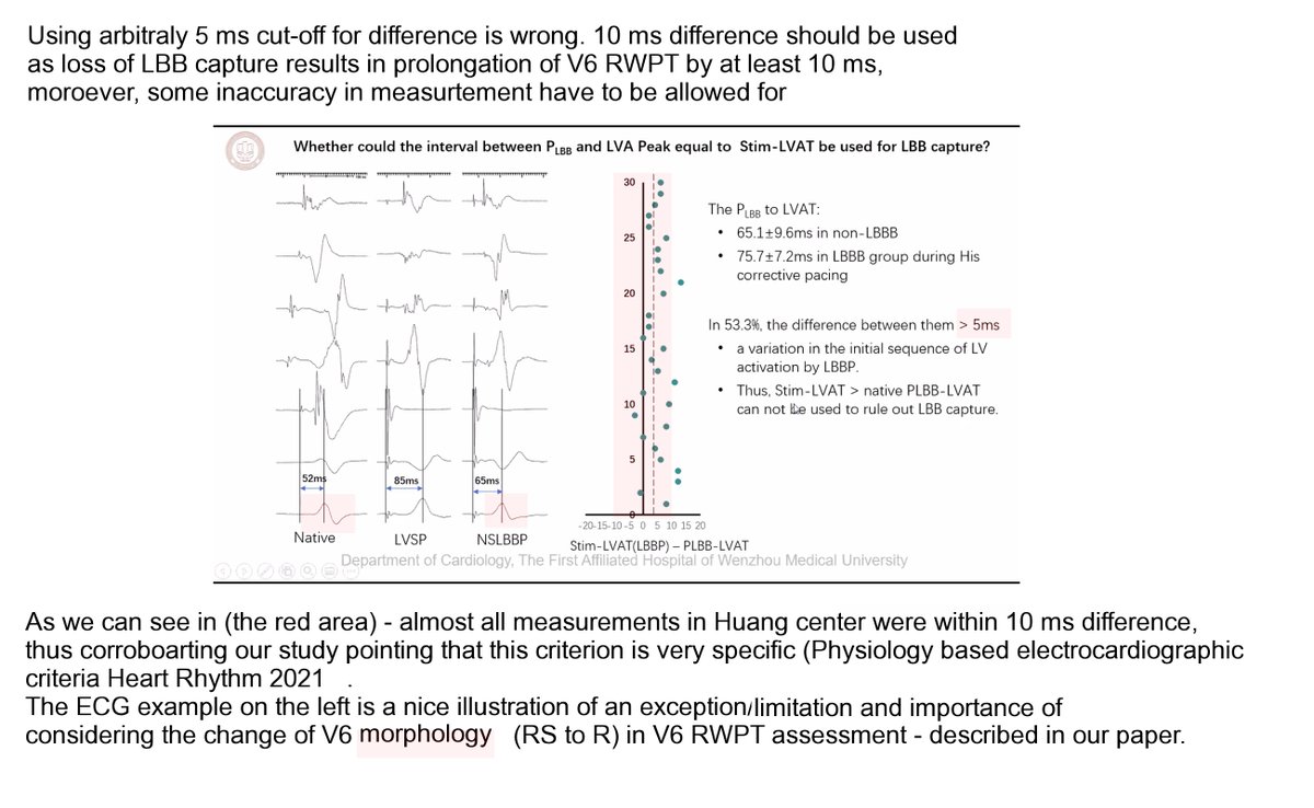 In EXCELLENT IASI lecture there was one thing that I disagree. I believe STIM-V6Rwave-peak &gt; LBBpot-V6 Rwave peak by &gt;10ms excludes prox LBB capture with very HIGH specificity and &lt;10ms confirms it. Please note that Huang data actually confirms this. #dontdisthehis #EPpeeps
