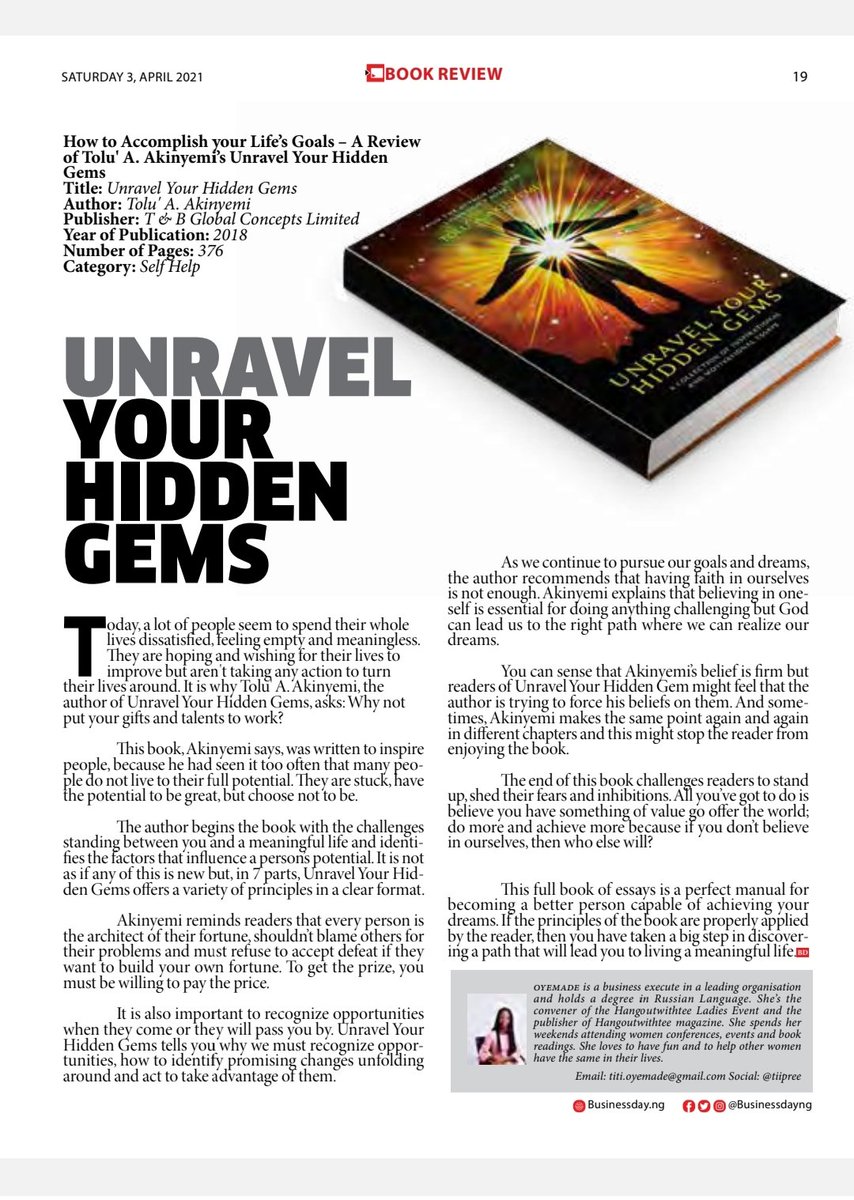 tiiPREE's tweet photo. Today's book review 
#businessdayweekender 
Title: Unravel your hidden gem
Author: Tolu Akinyemi
https://t.co/CRIRAmb9yN https://t.co/lTpG0OWdw3