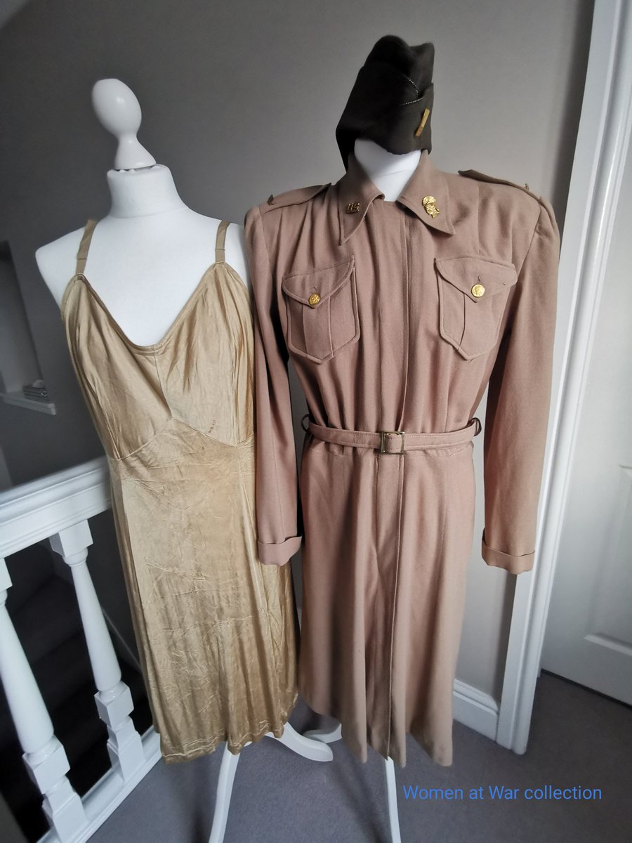 WomenAtWar2's tweet photo. #WAC winter #offduty dress &amp; 1st pattern #WAAC slip. WarDept approved dress May 44, issued to enlisted, officers could purchase, made of horizon tan wool crepe. I've added wool #garrisoncap with black &amp; gold officers braid. Slip made of knitted rayon #collection #militaria #WWII https://t.co/ZhiNi9bzrJ