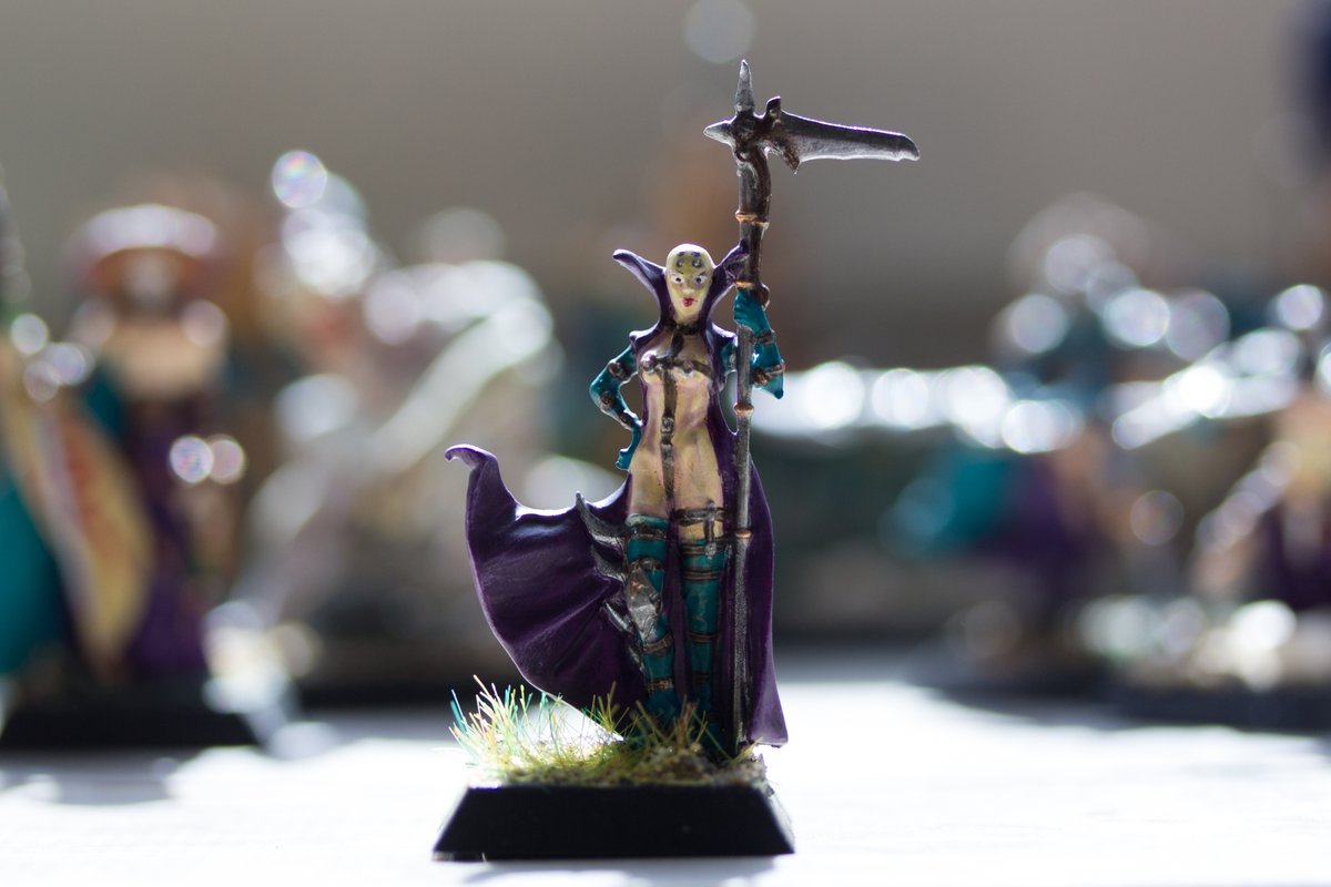 JoleiiRaccoon's tweet photo. Just finished the long forgotten "Lady Claudia Nessalith" from the Alchemists of Dirz of the #miniature game #Confrontation by #Rackham. I've used static grass on the base for the first time. Here's my old army of #Dirz and #Ophidians, never played though. #paintingminiatures https://t.co/8Quj0JFdRq