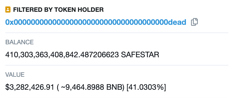 SafeStar_'s tweet photo. ✅ We have reached another milestone! ✅

🔥 410 trillions of #SAFESTARs burned forever 🔥

⚡️ This is more than 41% of total supply ⚡️

To celebrate this we are giving away $50 worth of #SAFESTAR to lucky 3 who like &amp; rt this tweet! 😘

#SAFESTAR #BSC #DeFi https://t.co/YD4xnvAKEQ