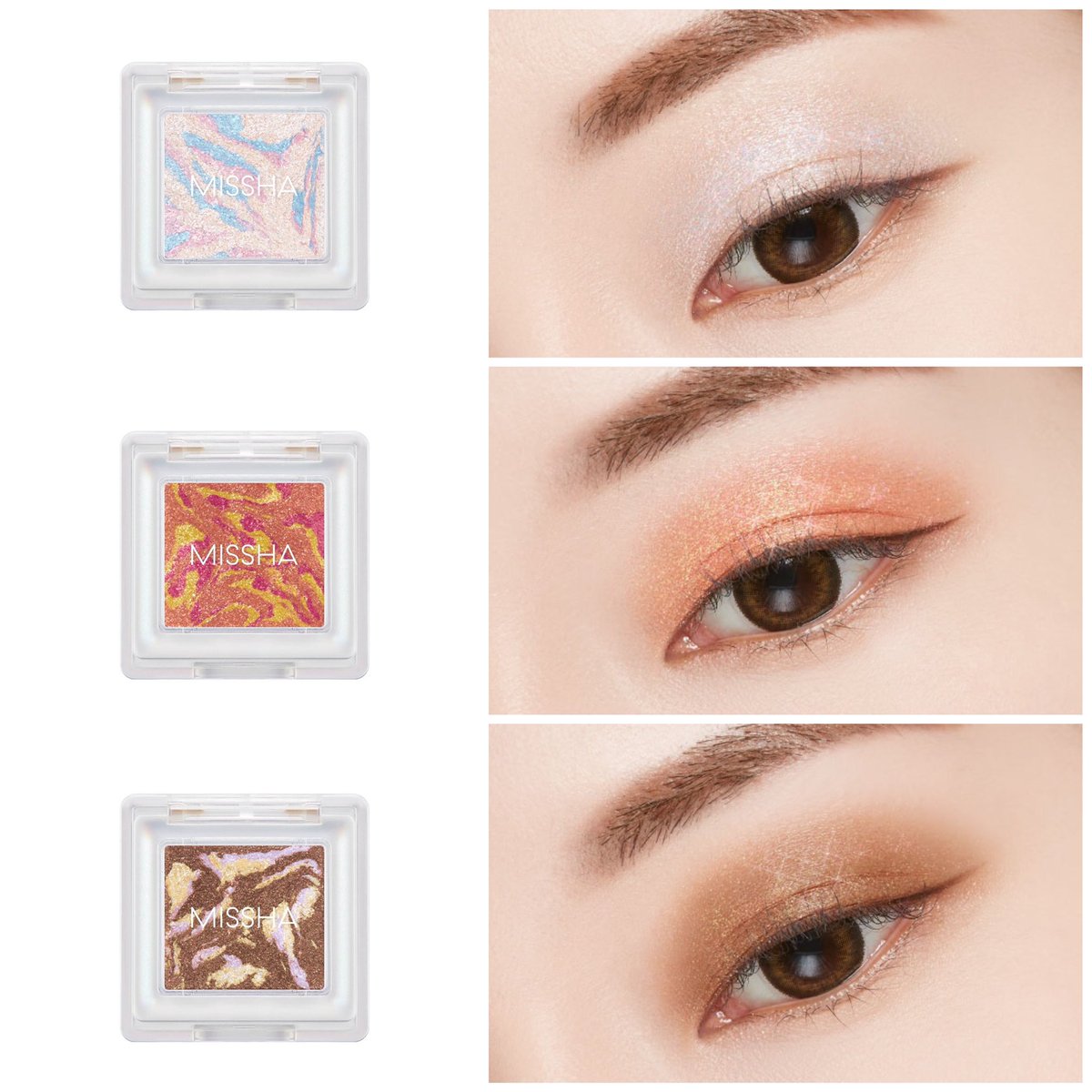 trendmirror_jp's tweet photo. 4月22日木曜日から数量限定で発売される、ミシャの「グリッタープリズムシャドウ」の新色絶対ゲットしたい🥰🌿

これからの季節に使いたいキラッキラのラメと何よりマーブルカラーがかわいすぎる🥺💗💗

🗒全6色 各1,320円(税込) https://t.co/ak0add2ZFp