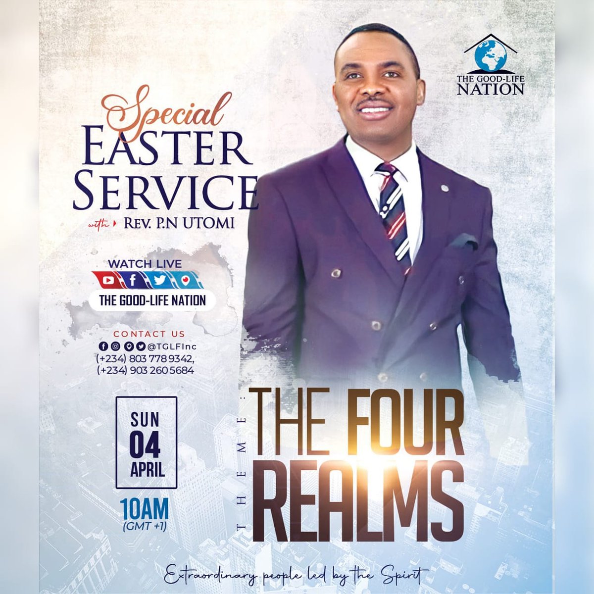 1 John 4v4 - Our victory is not because of what we have done but because of He who lives in us. - RPN
Join us for A SPECIAL EASTER SERVICE : THE FOUR REALMS with REV. P.N. UTOMI.

Live on all our social media platforms
#7DOAWithRPN #RPN #APeopleAreComing