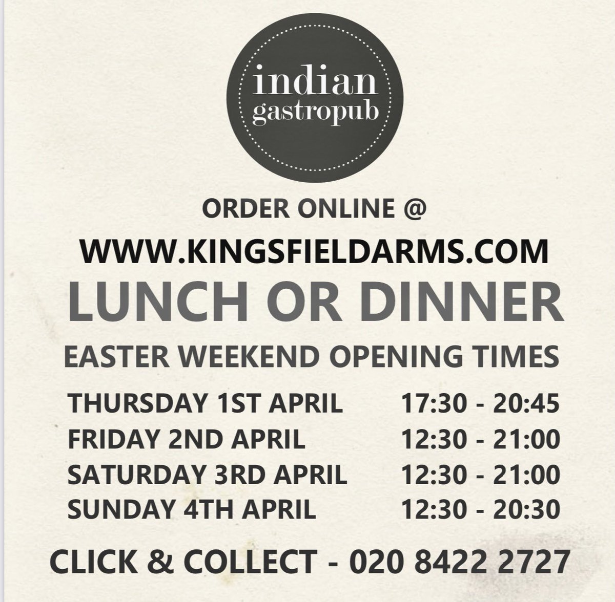 KingsfieldArms's tweet photo. Now open from lunchtime to dinner - all day delicious Indian cuisine this Easter weekend - call us 020 8422 2727! https://t.co/SAvmFXrR7s