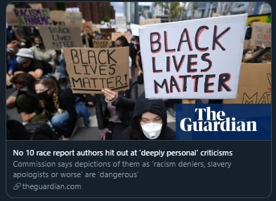 Angry_Voice's tweet photo. Absolutely amazing. 

After grossly denying institutional racism, brazenly cherry-picking evidence, including the names of academics who had nothing to do with their report, &amp; putting a positive spin on slavery, these Racism Report ghouls are now centring themselves as 'victims'! https://t.co/cv1a6n2LKV