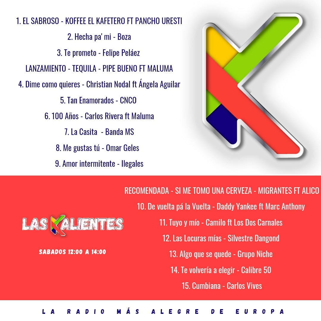 kandelateprende's tweet photo. Las canciones más sonadas de la semana están en #LasKalientes 

Posición NÚMERO UNO #ElSabroso @elkafetero ft @panchouresti 

Lanzamiento #Tequila @PipeBueno ft @maluma

Recomendada #SiMeTomoUnaCerveza @miigrantes ft @Soy_Alico

La radio más alegre de Europa 🇪🇺 #KandelaTePrende https://t.co/LL60buHbm4
