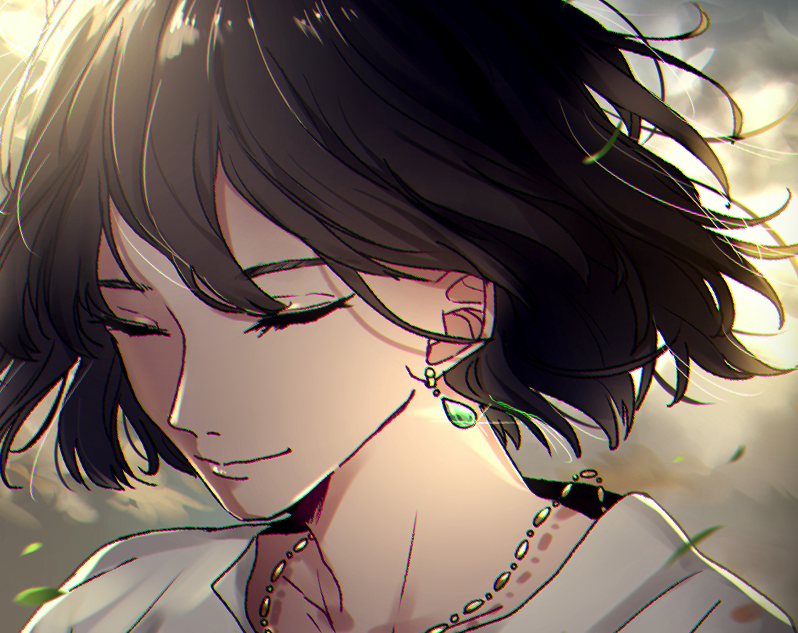 jewelry solo closed eyes earrings necklace short hair smile  illustration images