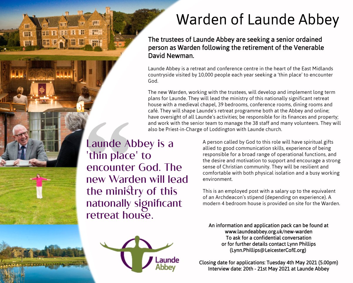 "The trustees of Launde Abbey are seeking a senior ordained person as Warden." David and Helen are still here until they retire in August, but our search for a new Warden began today with this ad in the Church Times. Interested? Or know someone who might be?