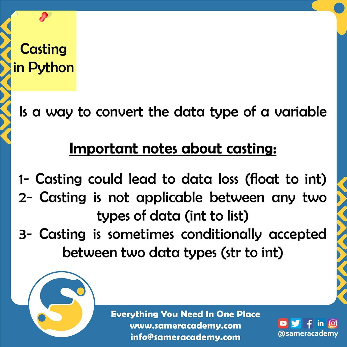 sameracademy's tweet photo. Have you ever heard the word ‘casting’ in Python?!
Did you ask yourself what does it refer to?!
Here it is👇👇
#Samer_Academy #learning
#learning_python #casting_in_python https://t.co/iyjm0VTvHK