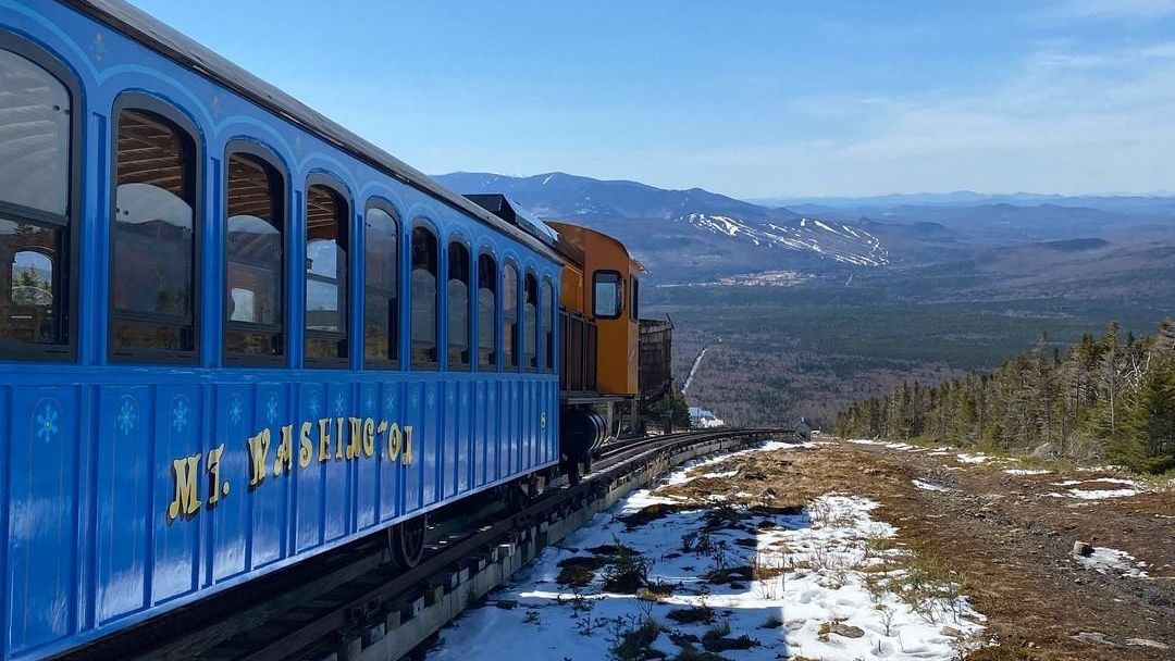 Mud season looks better at 3,900 feet! The Cog Railway is running daily excursions to Waumbek Station until April 22.  Skyline (5,500') excursions start April 23rd. Book tickets online at thecog.com 📷: <a href="/vicks8/">Victoria R.</a> #whitemountains #visitnh