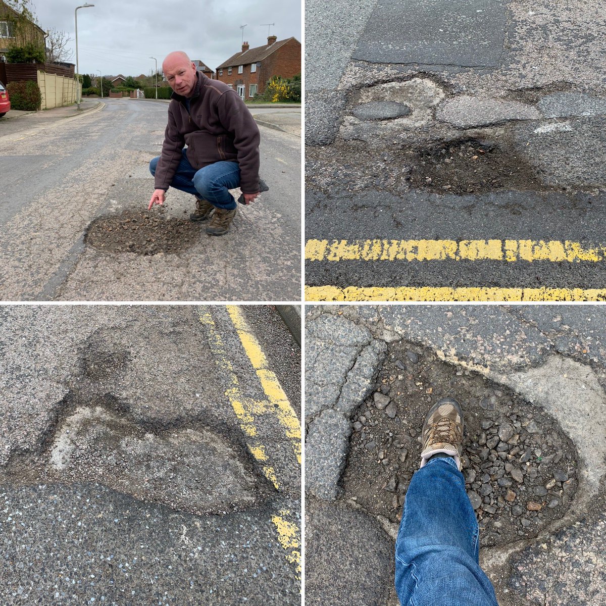 mikesole's tweet photo. Shockingly neglected roads in #Thanington #Canterbury 
#KCC must do better. 
All now reported for repair.
#libdemspointing
@Cantlibdem https://t.co/qU52nx5Luj