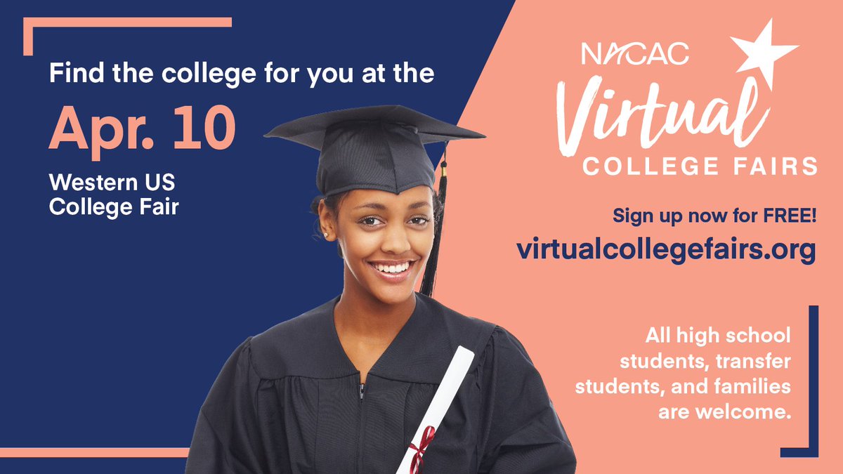 NACACFairs's tweet photo. Ready to start the college search? Join a #NACAC Virtual College Fair to hear from 140+ colleges and universities! Sign up for this FREE event today at https://t.co/pHuy91nAYN! #NACACFairs #collegeadmissions https://t.co/ujbZzsk3I0