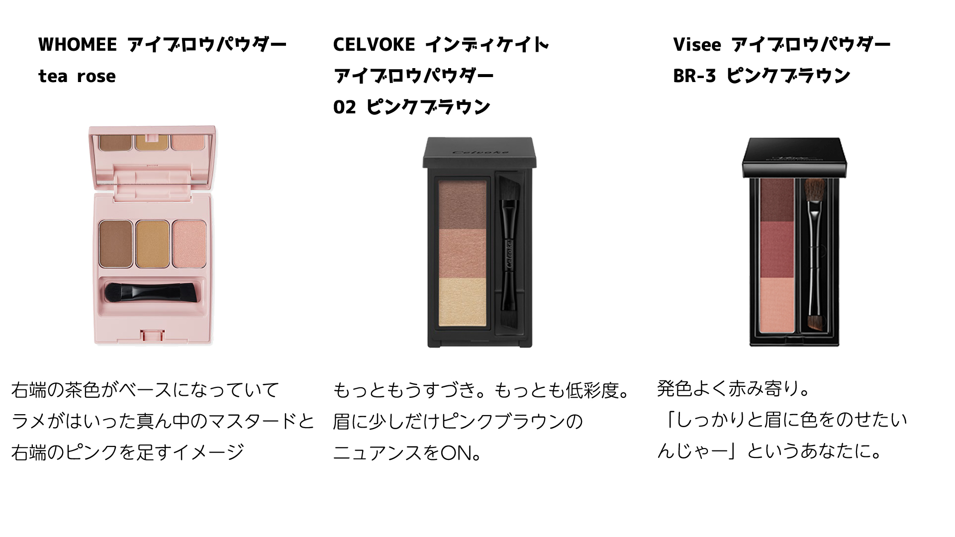 Twitter 上的 なお Onaco ピンクブラウン のアイブロウ比較 ヴィセ アイブロウパウダー Br 3 ピンクブラウン Celvoke インディケイト アイブロウパウダー 02 ピンクブラウン Whomee アイブロウパウダー Tea Rose T Co Jgtujmhsgh Twitter