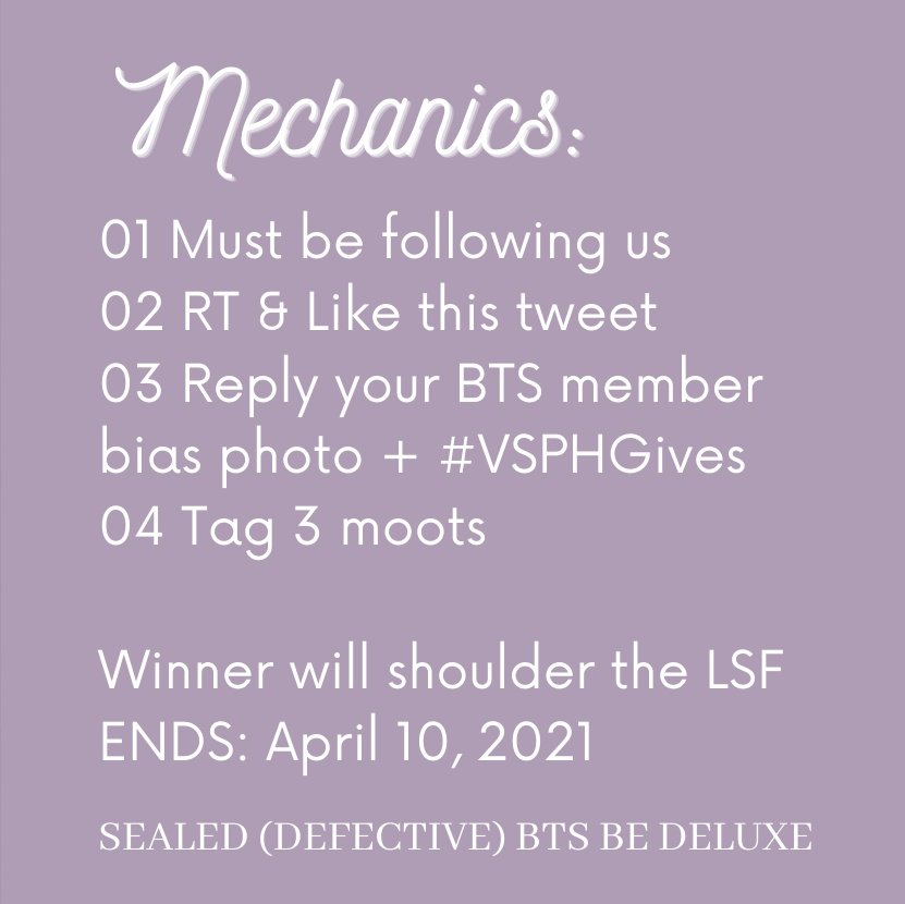 velaris_shop's tweet photo. VSPH SURPRISE GIVEAWAY ✨

💜 SEALED BTS BE DELUXE ALBUM 💜

Mechanics:
01 Must be following us
02 RT &amp; Like this tweet
03 Reply your favorite photo of your BTS member bias + #VSPHGives
04 Tag 3 moots

WINNER MUST SHOULDER LSF
ENDS: April 10, 2021 https://t.co/lHS0SOE1fO