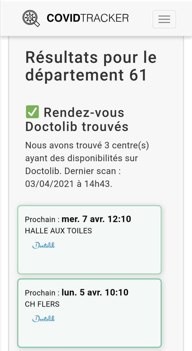 Vous êtes éligible à la #VaccinationCovid et vous habitez dans l'Orne ? Profitez du lundi de pâques pour vous faire vacciner contre la #Covid_19 😎

Trouvez un rendez-vous dans votre département sur covidtracker.fr/vitemadose