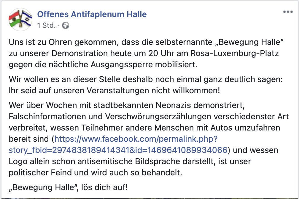 valentinhacken_'s tweet photo. Das Offene Antifaplenum #Halle hat eine klare Ansage an die extrem Rechten, die sich an der Kundgebung #hal0304 des OAPs gegen Ausgangsbeschränkungen & für Solidarität in der Pandemie beteiligen wollen.
Online: https://t.co/OcoVUyjvqm https://t.co/jao33Uj6Jv
