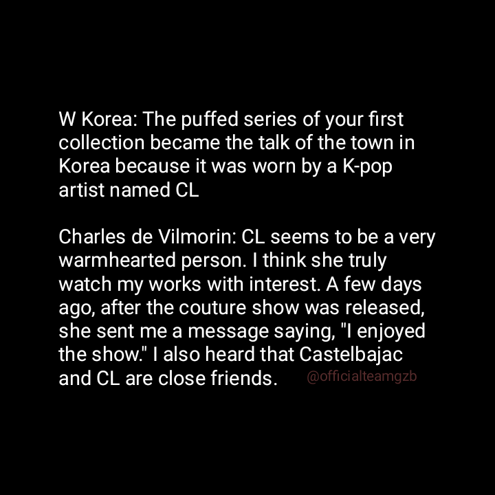 OfficialTeamGZB's tweet photo. Designer and Creative director of Rochas, Charles de Vilmorin, mentioned CL on his interview with W Korea
https://t.co/KU1ujHR1T7
#CL #씨엘 @chaelinCL https://t.co/XcrkFSzf1m