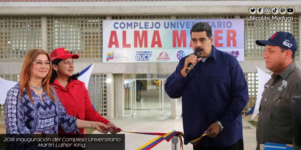 NicolasMaduro's tweet photo. Celebramos 3 años de la inauguración del Complejo Universitario ''Martin Luther King''. Estamos comprometidos en garantizar la educación inclusiva y liberadora, al servicio de la economía real y productiva de nuestra Patria. ¡Felicitaciones a toda la gran familia universitaria! https://t.co/bRkxn0iIun