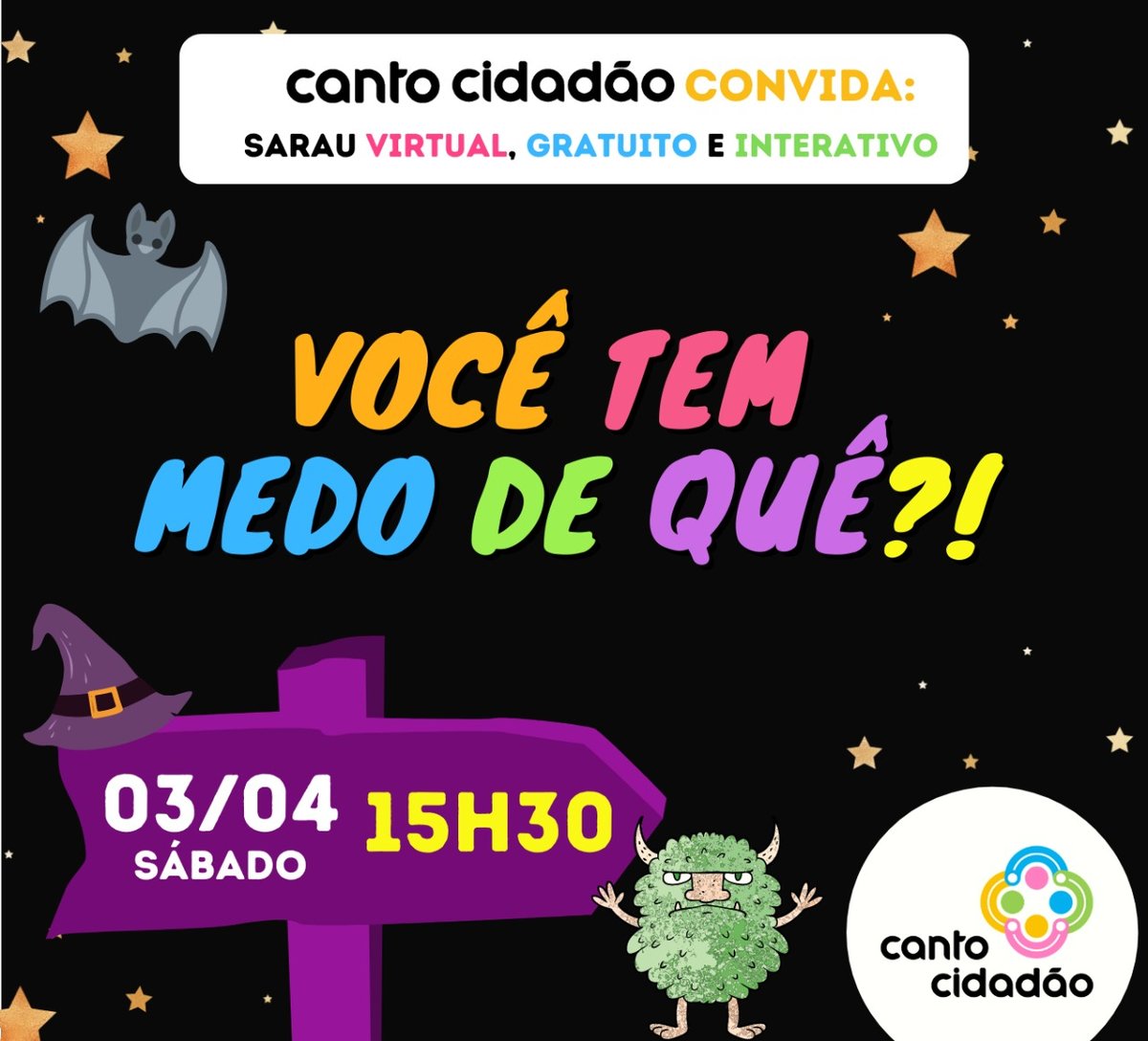 CantoCidadao's tweet photo. CANTO CIDADÃO convida: 

VOCÊ TEM MEDO DE QUÊ?! ✨🕵🦇
Sarau Virtual na EMEF Rodrigues Alves

https://t.co/UXz0vt2NYU

#cantocidadão #bonsencontrospralembrar #poderdosbonsencontros #poderdosorriso #voluntariado #arteemhospital #arteemtodocanto #fiqueemcasa #canto18anos https://t.co/qXYKe0cH8K