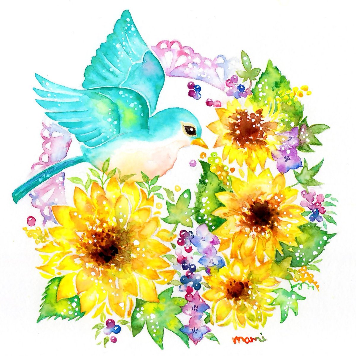 تويتر Mami Illustrations على تويتر 今日は昼頃から夕方まで時間が取れたので 前もって下書きしていたイラストに色を塗ることが出来ました 水彩画 透明水彩 ひまわり 青い鳥 Watercolour Watercolor Watercolourpainting Watercolorillustratiin