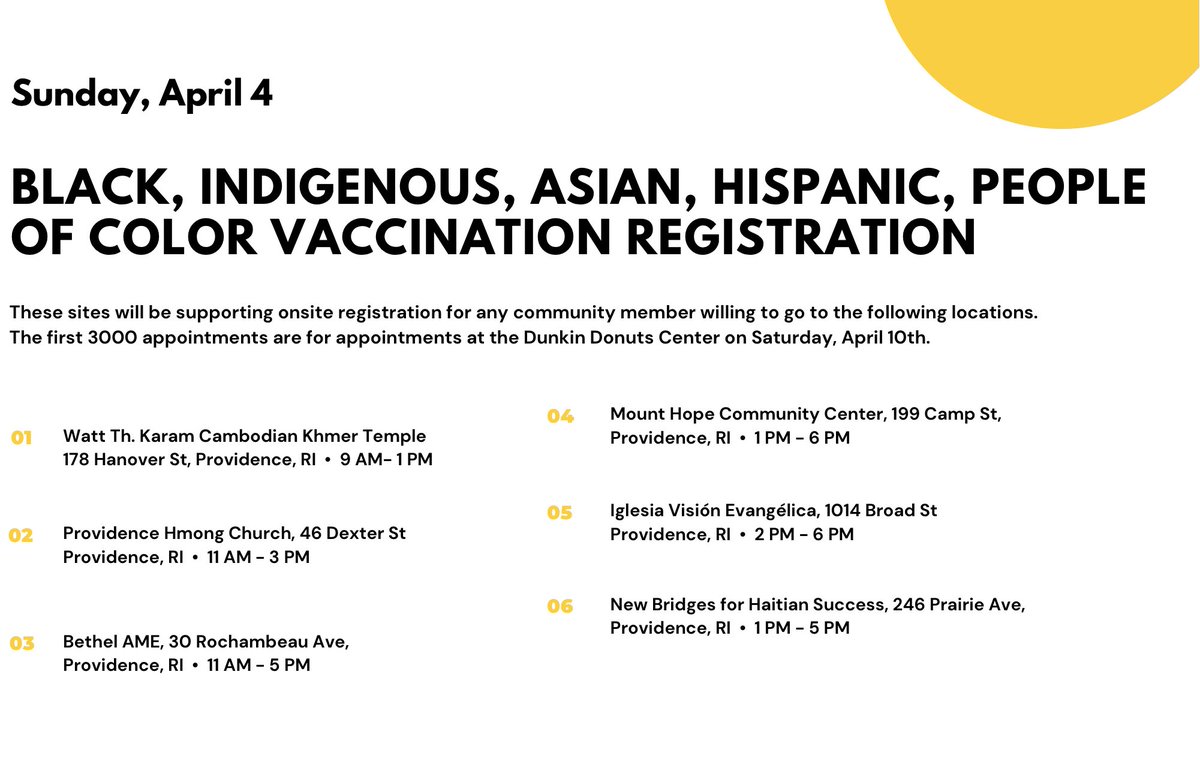 MSanchezPVD's tweet photo. Attention: If you’re a person of color or know one in Rhode Island, please share this info with them. They can go to any of these sites tomorrow to register for a vaccine for April 10th. This is an effort to help the disparities in the BIPOC communities with the vaccine rollout. https://t.co/bSo2HH3P0H