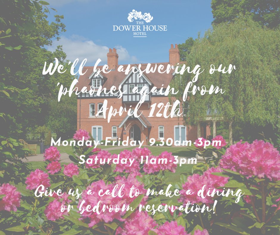 The DowerHouse Hotel (@dowerhotel) on Twitter photo We'll be answering our phones again ๐ from April 12th, so please give us a call to make a dining or bedroom reservation. 01526 352588 ๐
For Event & Wedding enquiries please continue to email our Wedding & Events Planner - carolyn.hutchison@the-dowerhousehotel.co.uk We'll be answering our phones again ๐ from April 12th, so please give us a call to make a dining or bedroom reservation. 01526 352588 ๐
For Event & Wedding enquiries please continue to email our Wedding & Events Planner - carolyn.hutchison@the-dowerhousehotel.co.uk