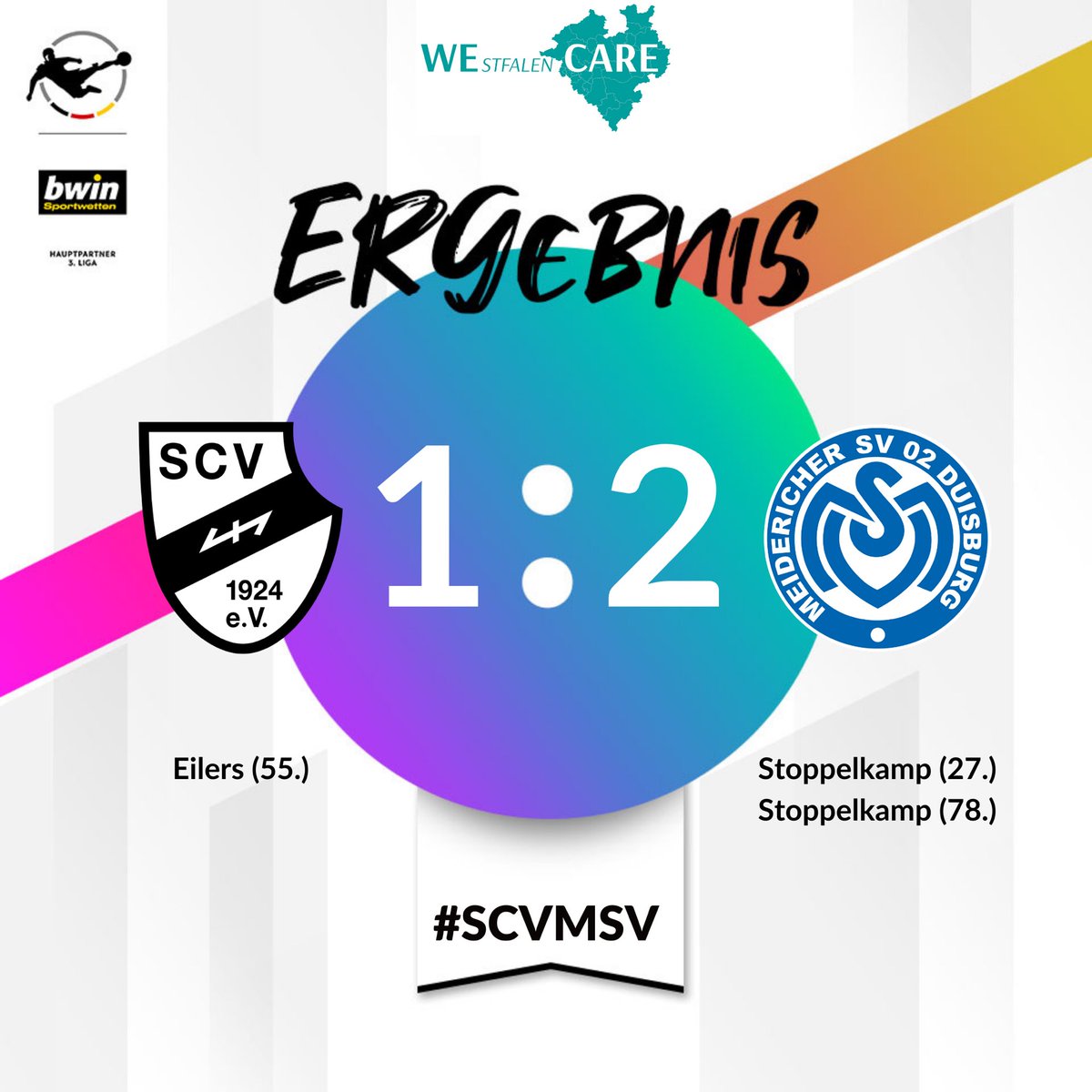 Der Sportclub Verl verliert das NRW-Duell gegen den <a href="/MSVDuisburg/">MSV Duisburg</a> mit 1:2. Ein Doppelpack von Stoppelkamp sorgte für den Sieg der Gäste. Eilers markierte den zwischenzeitlichen Ausgleich. 

#scverl #SCVMSV #3liga #zeigtsuns #fu3ball #matchday