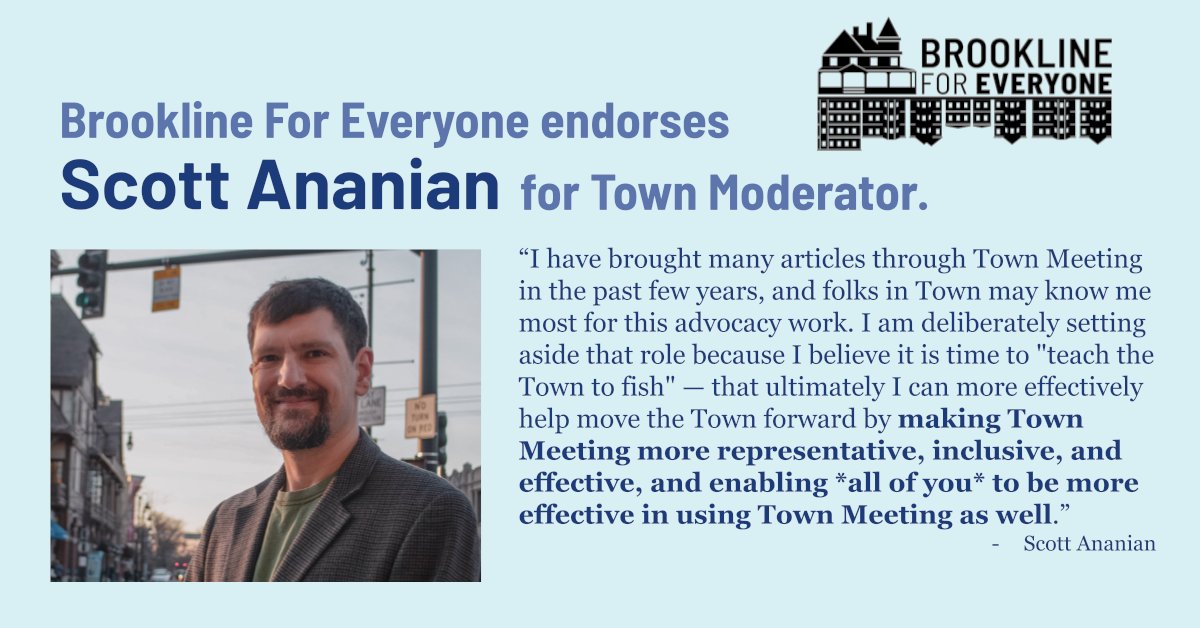 Bline4Everyone's tweet image. We haven't had a new Town Moderator for over twenty years. Scott Ananian is the change our town needs with the expertise to ensure a smooth transition. Support our campaign efforts to help Scott and other strong candidates get elected: tinyurl.com/zm9bk6at