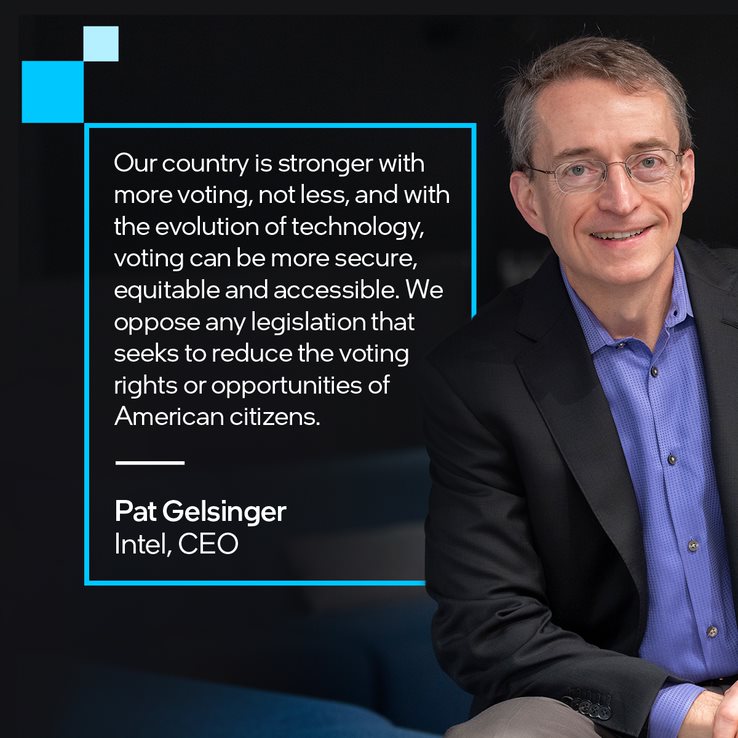 IntelPolicy's tweet image. Intel CEO Pat Gelsinger: &quot;We oppose any legislation that seeks to reduce the voting rights or opportunities of American citizens.&quot;