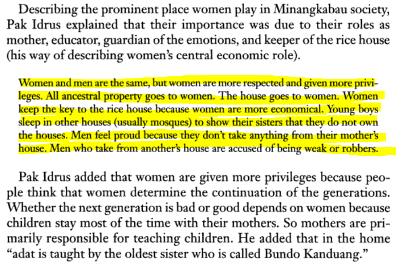 Property is tightly associated with women and femininity. Men take pride in not expecting anything from their mother's home. Men who do demand their mother or wife's property are viewed as losers or thieves.