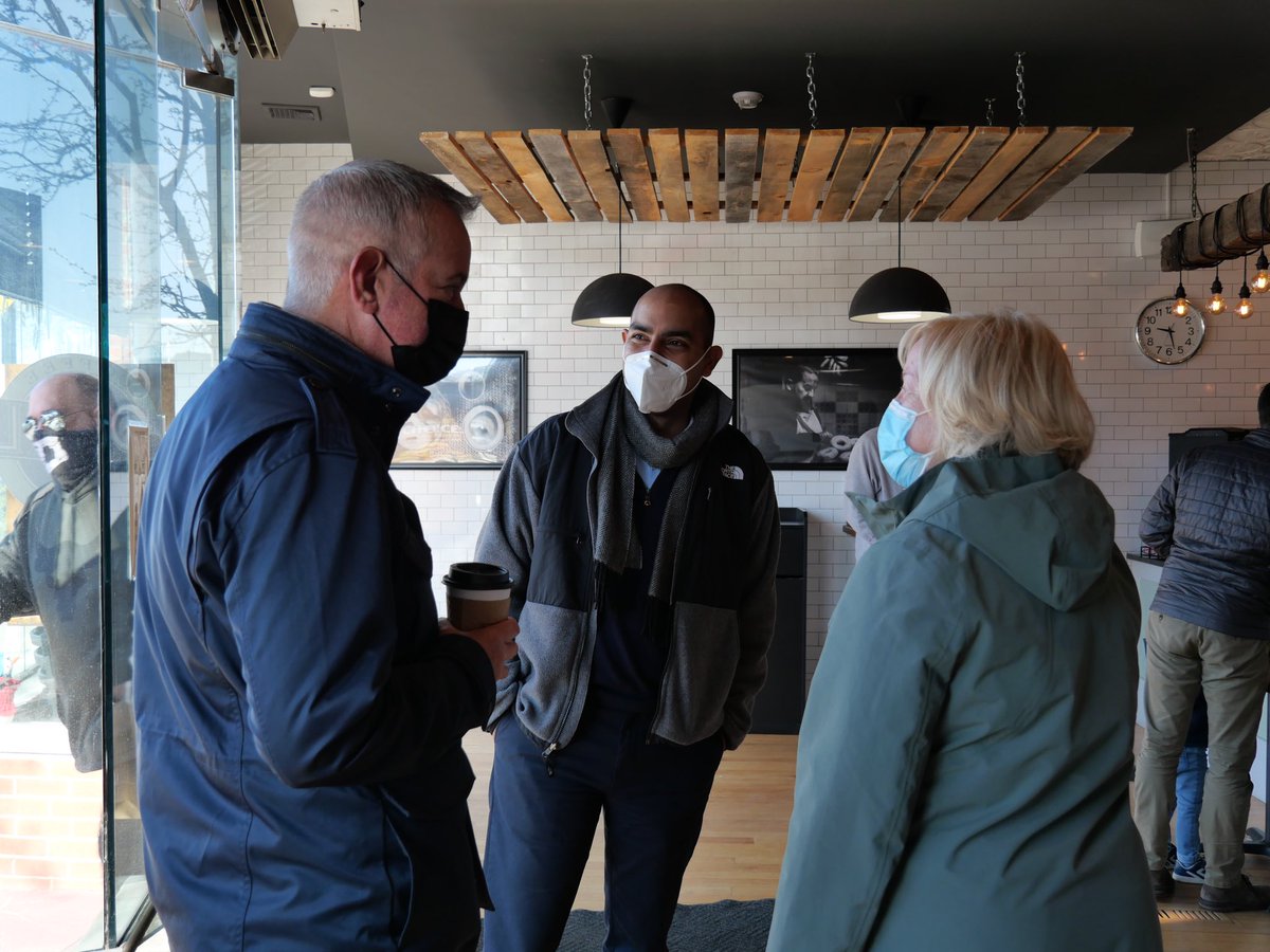 IamJonSantiago's tweet photo. First stop on our #WestRox small biz tour: Local 338 Coffee and Bagels! https://t.co/S0N04LZcV9