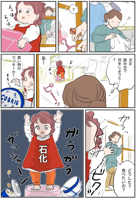 そんなに驚かなくても。。。笑

?次女の、あんまりにも漫画みたいなリアクションが面白くて、漫画の形で残しておきたくなりました。こんなこと滅多にやらないのに、たまたま私に見られていたことに余程驚いたようです。 