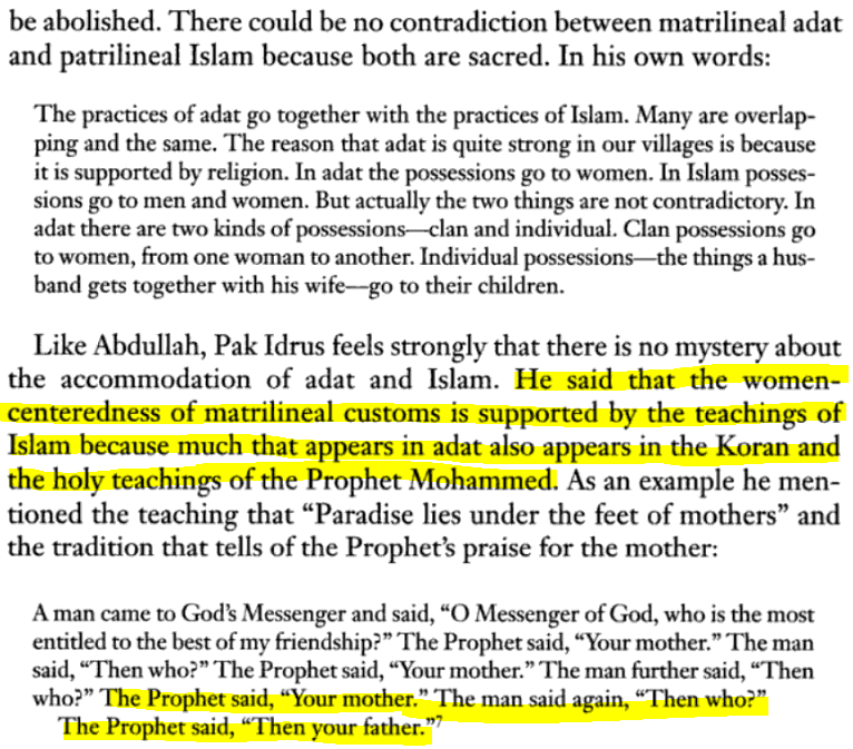 The main Islamic justification for matriarchy seems to revolve around Islamic teachings on the status and role of mothers and motherhood. Including the elevation of motherhood over fatherhood. Hence the emphasis on preserving mother-child relationships.