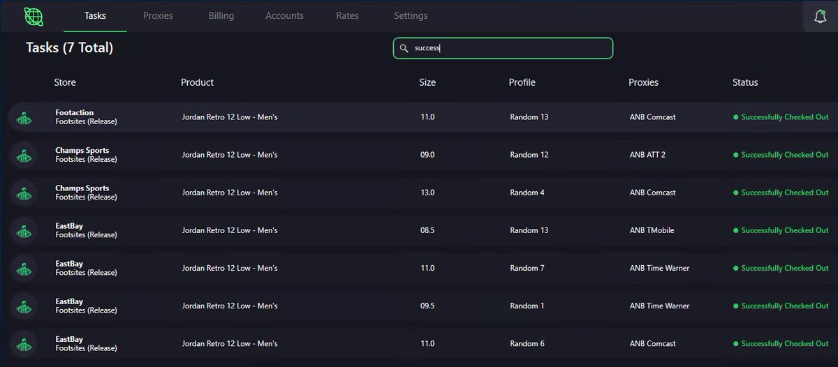 Good test run

Bot: <a href="/Cybersole/">Cybersole</a> 
Proxies: @anbproxies 
Server: <a href="/IcedOutProxies/">armaan</a> 

Free Footsites slots for <a href="/sneakrsquadx/">SSX</a> and <a href="/splashnotifyaio/">Splash Notify</a> members.