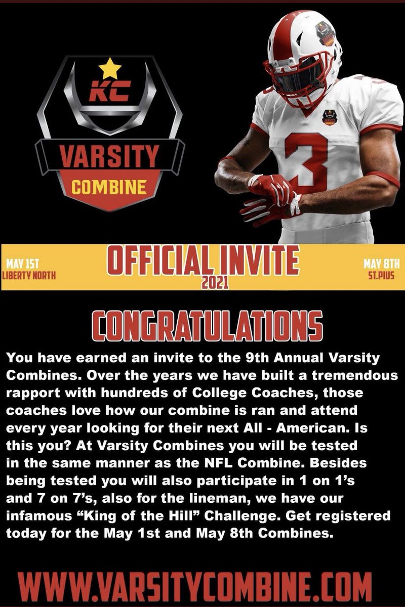 Thank you <a href="/Varsitycombine1/">KC Varsity Combines</a> for the invite! Looking forward to the opportunity.