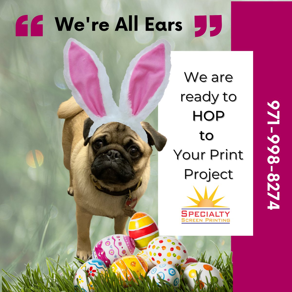 ScreenSpecialty's tweet image. Rocky Sez Happy Easter! We&apos;re all ears and ready to hop to your print project. 971-998-8274 #specialtyscreenprinting #professionalscreenprinting #yamhillken #localprinter #yamhilloregon #rockysez #decals #printonglass #magneticcarsigns #displayprinting #possigns #advertising