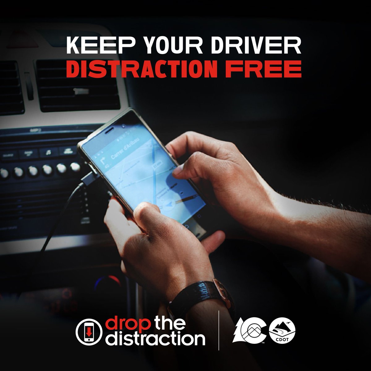 E470's tweet image. April is Distracted Driving Awareness Month. Please #dropthedistraction when you're driving, and help your driver do the same when you're a passenger!