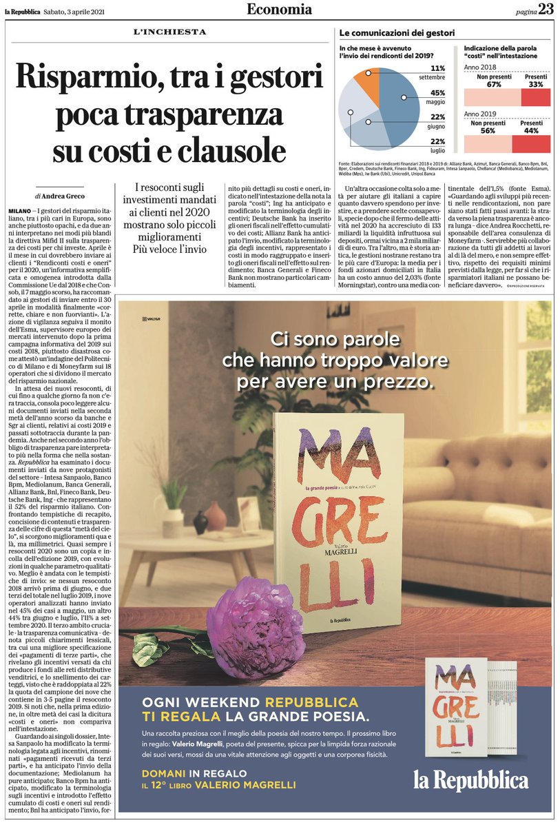 Su <a href="/repubblica/">Repubblica</a> torniamo a parlare del Rendiconto Costi e Oneri, nella speranza che al terzo banco di prova di quest'anno gli intermediari si adeguino agli standard europei previsti da #MiFID2 a tutela dei #risparmiatori. Qui l'indagine @MIP_PoliMi citata: blog.moneyfarm.com/it/ebooks/il-r…