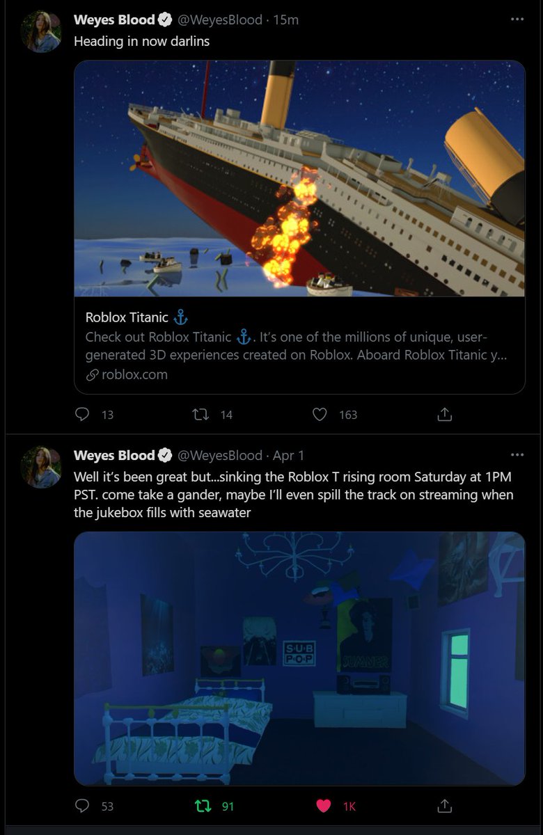 Amaze On Twitter Yeah Your Game May Be Cool But Is It Partnered With A Music Artist And Recreated The Album Cover On The Final Day Of The Event Cool Robloxtitanic Robloxdev - maybe ill be user roblox