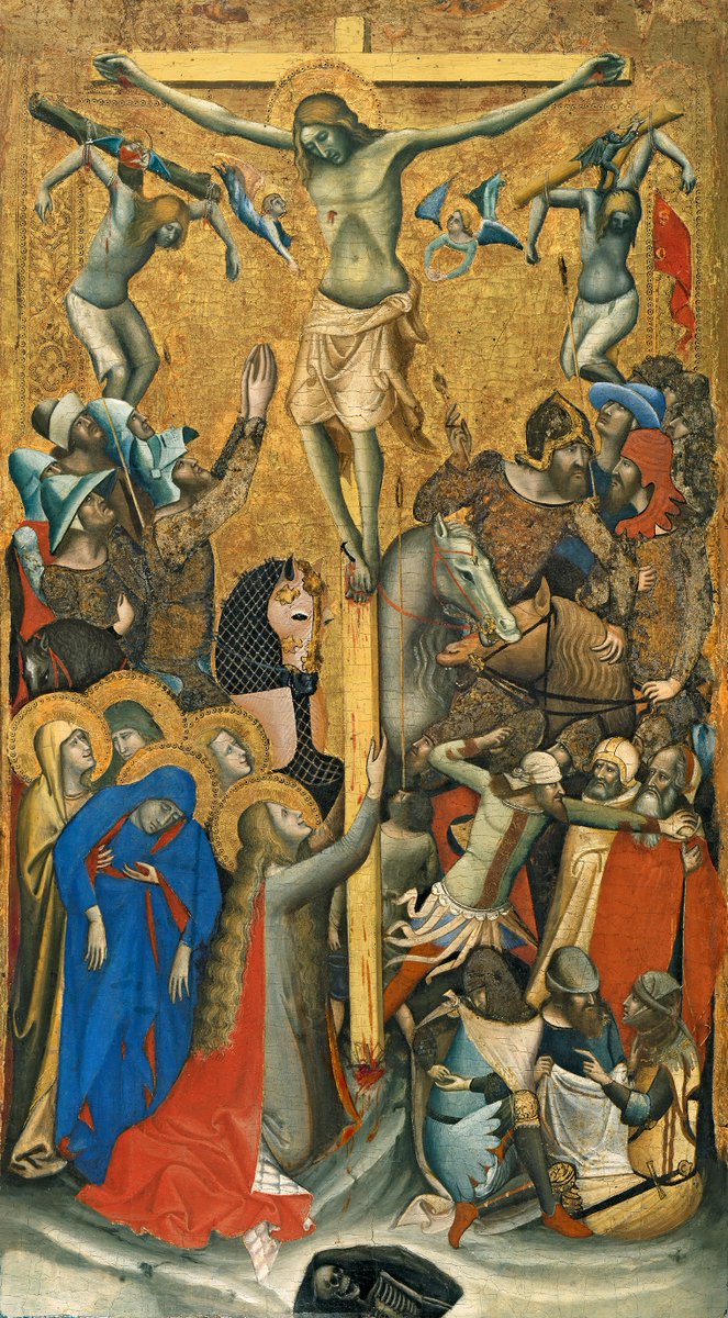  #miniMA140 Cristo se sacrificó (como el pelícano) para alimentar a sus hijos, para salvarnos.*En Vitale da Bologna, en el  @MuseoThyssen, la sangre de Jesús cae por la cruz hasta llegar a un cráneo: es Adán, el primer hombre.