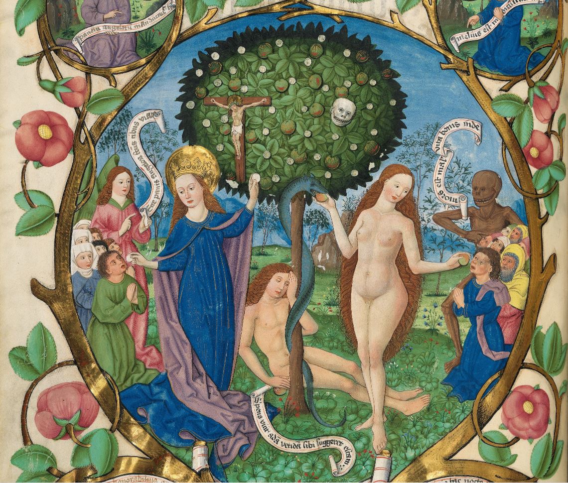  #miniMA140 El mismo árbol da dos tipos de frutos: manzanas del pecado (que Eva reparte entre los condenados) y hostias consagradas (que María reparte entre los bienaventurados).
