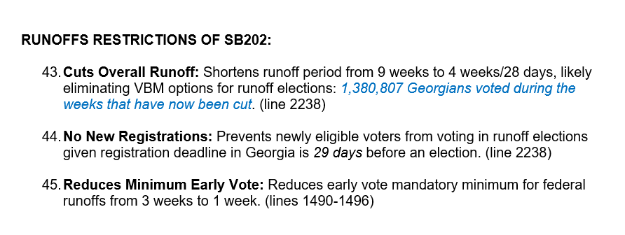 RUNOFFS: Georgia's new law cuts runoff elections by 5 weeks, reduces minimum early vote required for federal runoffs, & likely eliminates vbm options.[Note: Reducing participation in already racist Jim Crow relic runoff elections is next level. See  https://www.vox.com/21551855/georgia-ossoff-perdue-loeffler-warnock-runoff-election-2020-results] 9/13