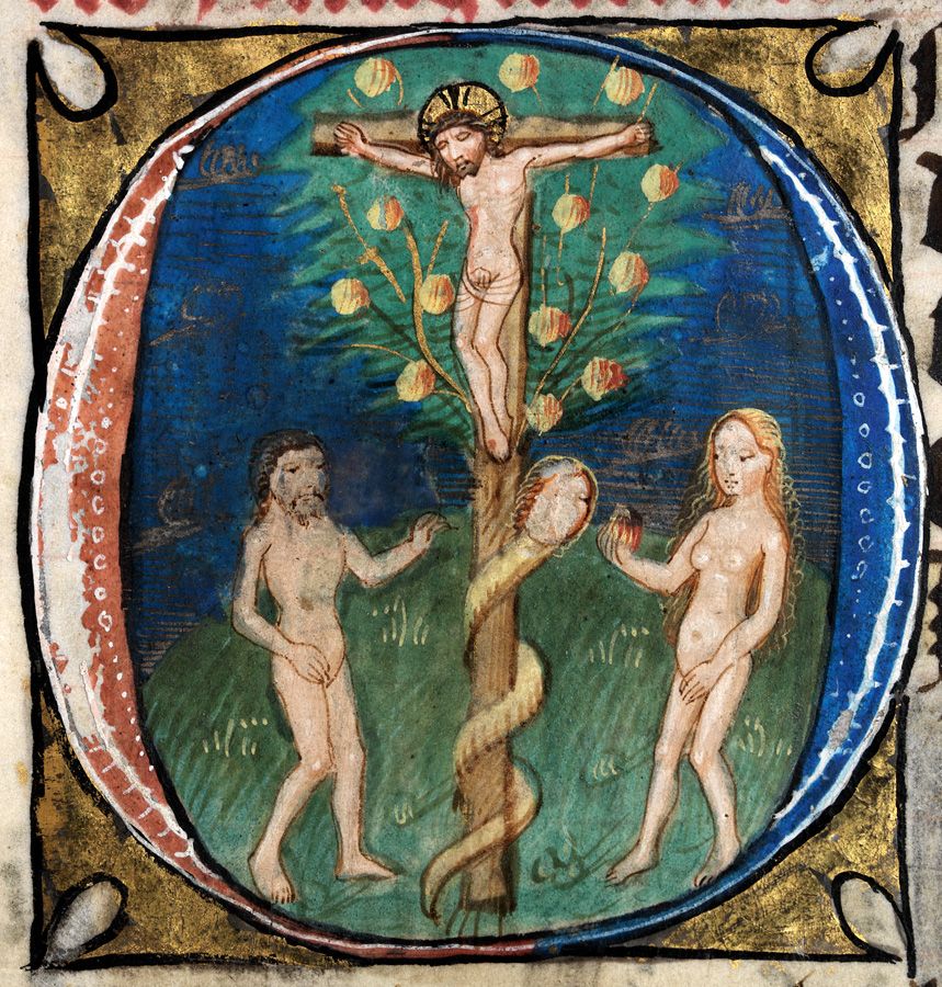  #miniMA140 La imagen de Jesús crucificado en el árbol del conocimiento del que comieron Adán y Eva en el Paraíso puede sorprendernos, pero no es extraño encontrarla en misales y libros de horas como éstos: