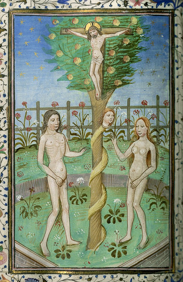  #miniMA140 La imagen de Jesús crucificado en el árbol del conocimiento del que comieron Adán y Eva en el Paraíso puede sorprendernos, pero no es extraño encontrarla en misales y libros de horas como éstos: