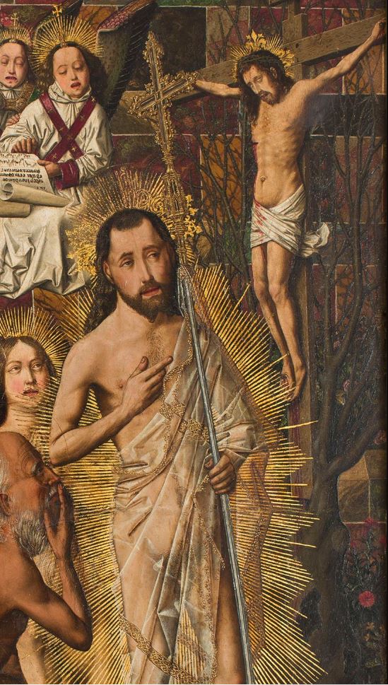  #miniMA140 Bartolomé Bermejo pinta a Cristo resucitado abriendo las puertas del Paraíso celestial -para que puedan entrar los Justos que esperaban en el Limbo (entre ellos Adán Y Eva)-y con el dedo señala el árbol donde nace la cruz con el crucificado.