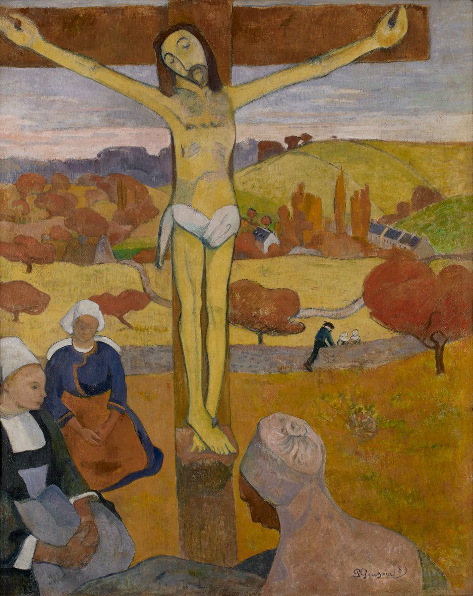  #miniMA140 El ‘Cristo amarillo’ (1889) de Gauguin, plantado en medio de los campos de la Bretaña, parece un árbol más de los rojizos que se ven al fondo. Pero esto hay que querer verlo.