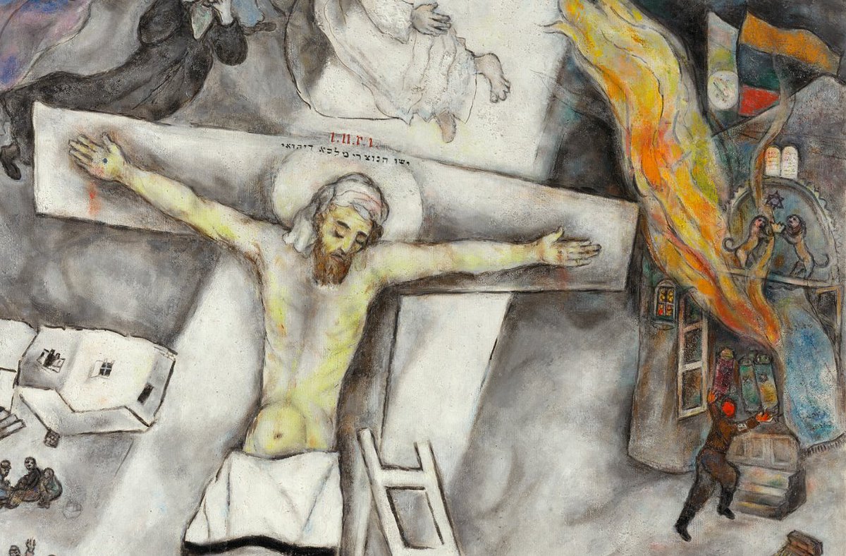  #miniMA140 La cruz es una promesa de salvación. En 1938, el año de la Noche de los Cristales Rotos, Marc Chagall pintó una Crucifixión blanca en medio de la barbarie humana (las sinagogas quemadas) esperando -más bien rezando- que la luz volviera al mundo.